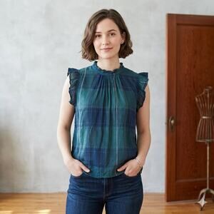 Anthropologie Isabella Sinclair Plaid Ruffle Sleeve Blouse Top Blue Green Pink M